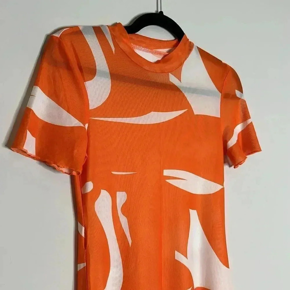 Women's Dress Color-Block Lettuce Trim Sheer Mesh Summer Dress Orange - Picture 10 of 11